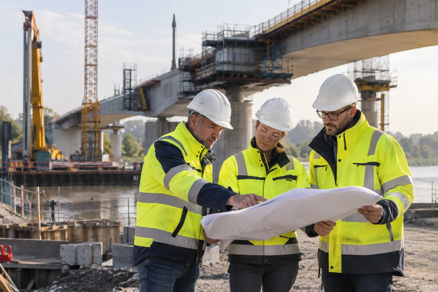 Bauingenieure bei der Abstimmung eines Infrastrukturvorhabens · Symbolbild für die deutsche Vergabepraxis