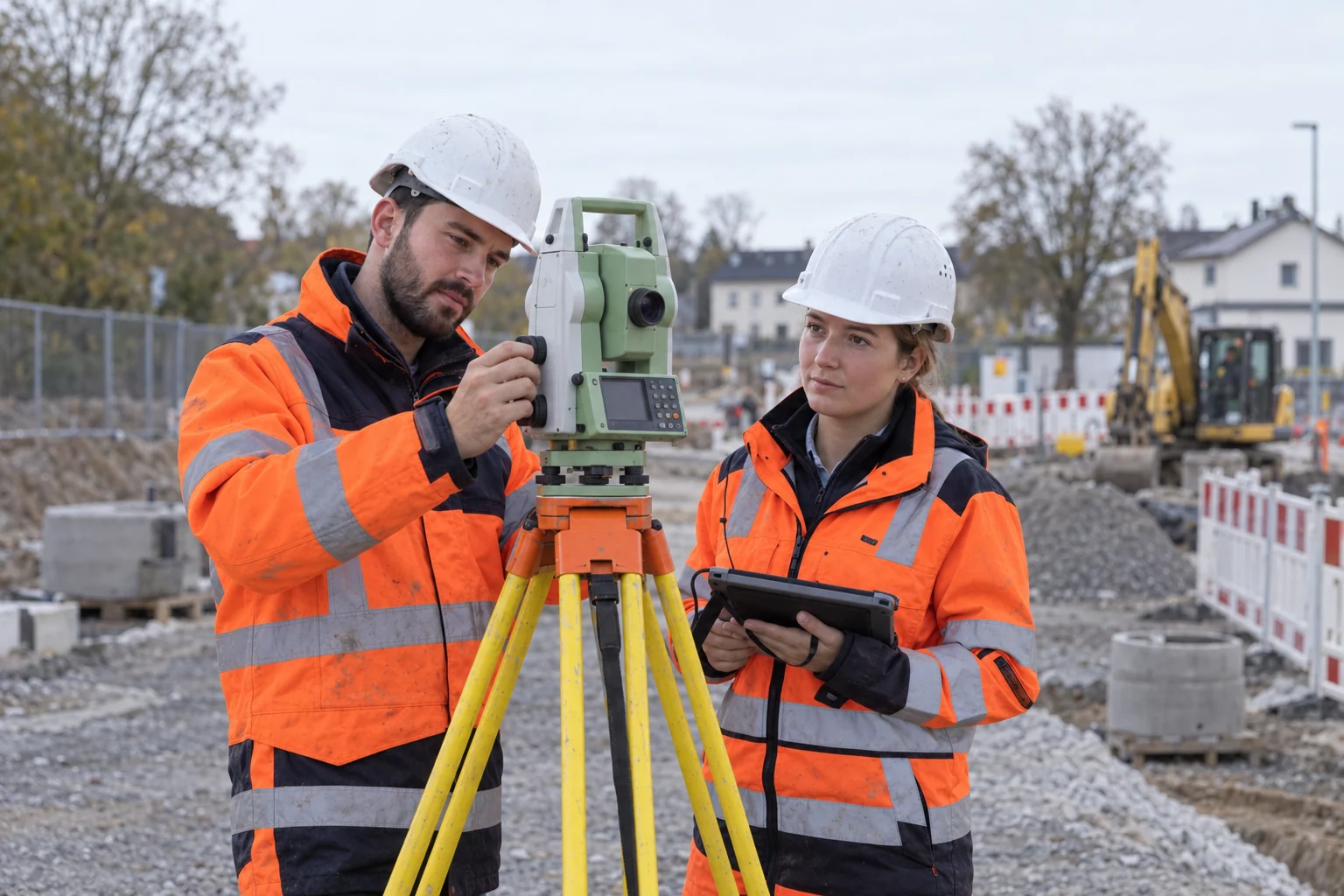 Vermessungsfachkräfte bei der Bedienung einer Totalstation auf einer Baustelle · Symbolbild für die deutsche Vergabepraxis